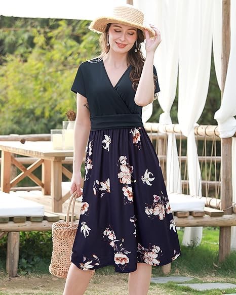 Apolline Robe Femme – Robe Cache-Cœur Fleurie à Col V avec Poches