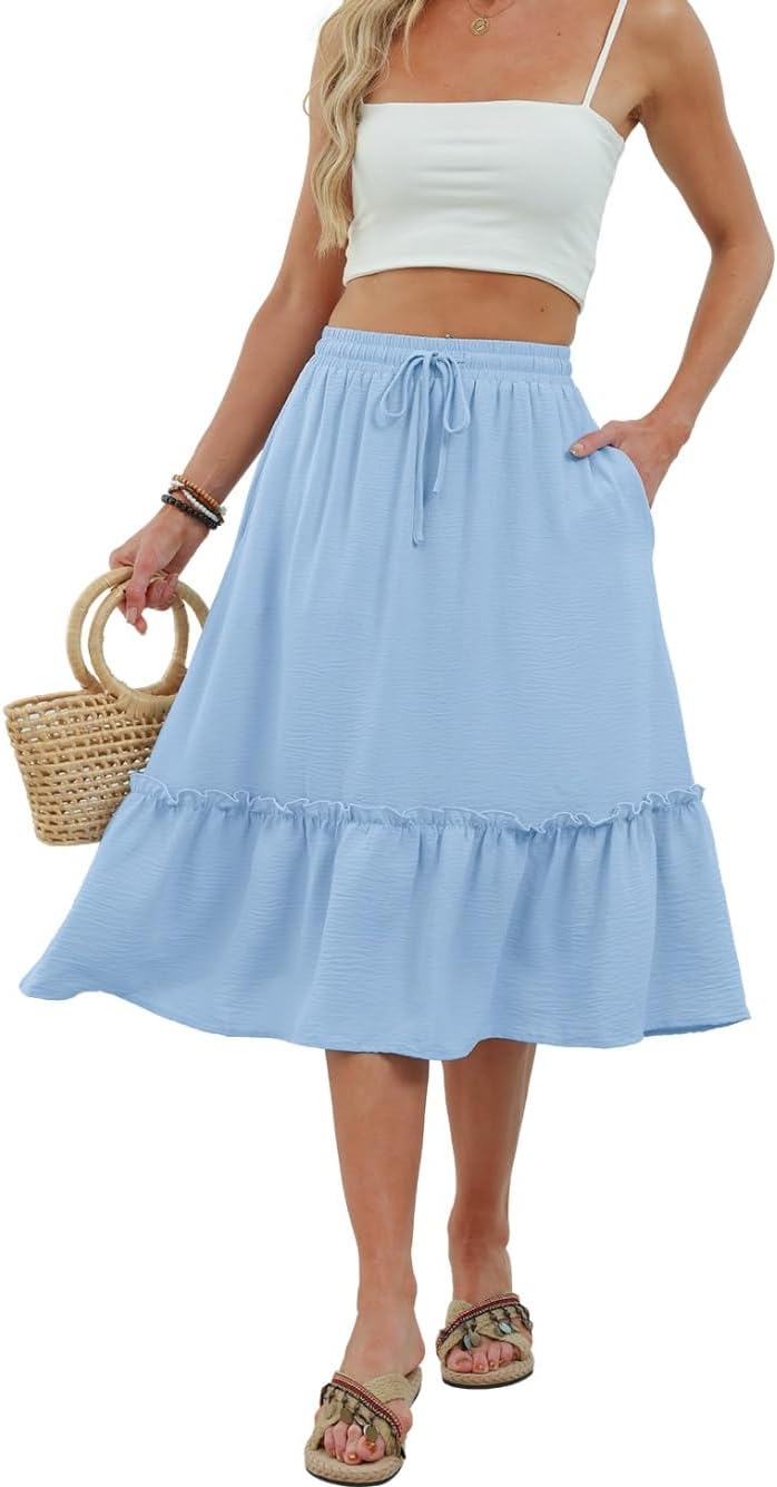 Solène Jupe Midi Fluide – Jupe Taille Élastique avec Poches pour un Style Élégant