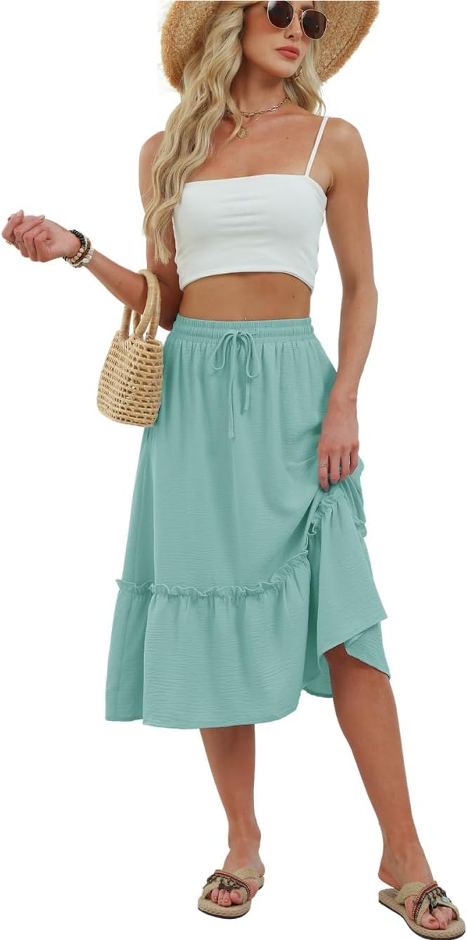 Solène Jupe Midi Fluide – Jupe Taille Élastique avec Poches pour un Style Élégant