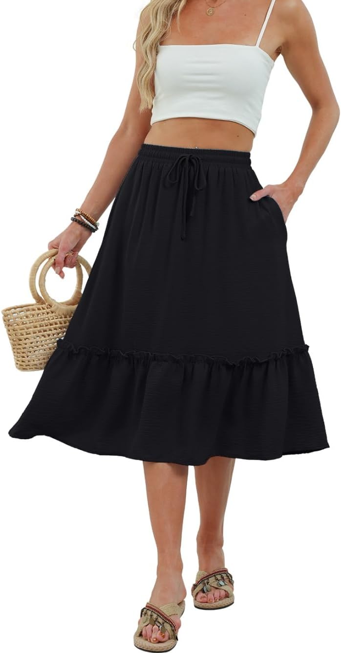 Solène Jupe Midi Fluide – Jupe Taille Élastique avec Poches pour un Style Élégant