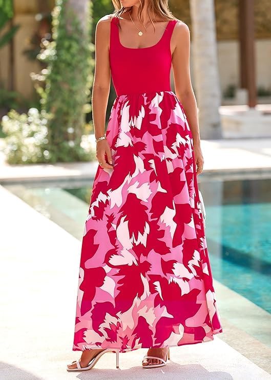 Camille Robe Longue Femme – Coupe Trapèze Fleurie Sans Manches à Col Rond