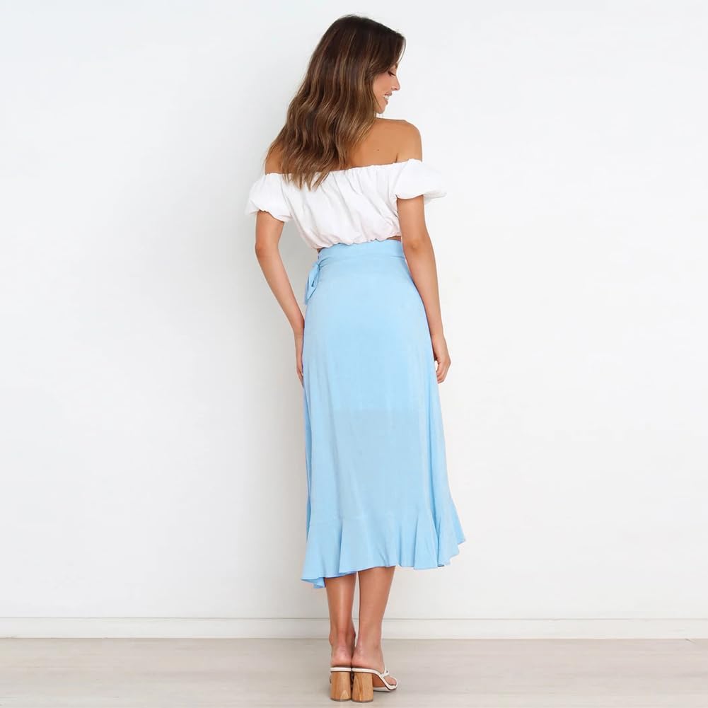 Cyrielle Jupe Portefeuille – Jupe Midi Taille Haute à Volants Élégante avec Ceinture
