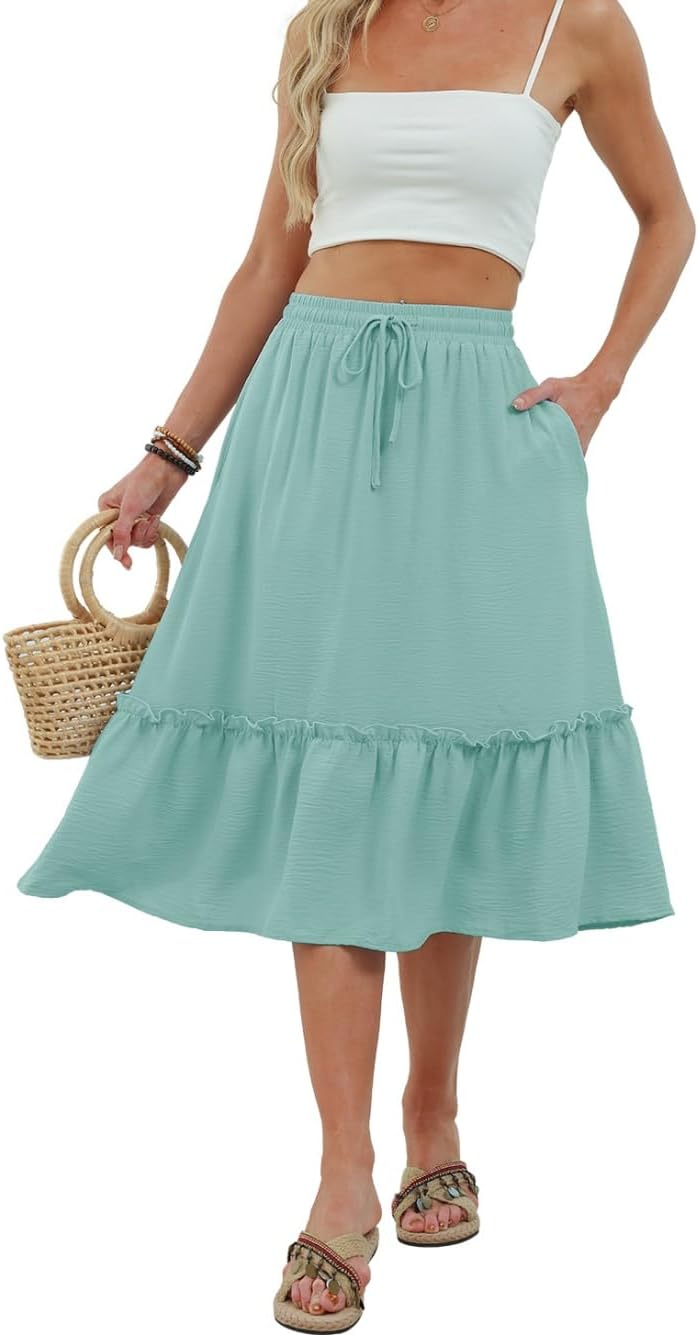 Solène Jupe Midi Fluide – Jupe Taille Élastique avec Poches pour un Style Élégant