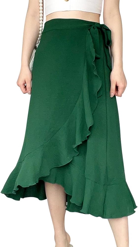 Cyrielle Jupe Portefeuille – Jupe Midi Taille Haute à Volants Élégante avec Ceinture