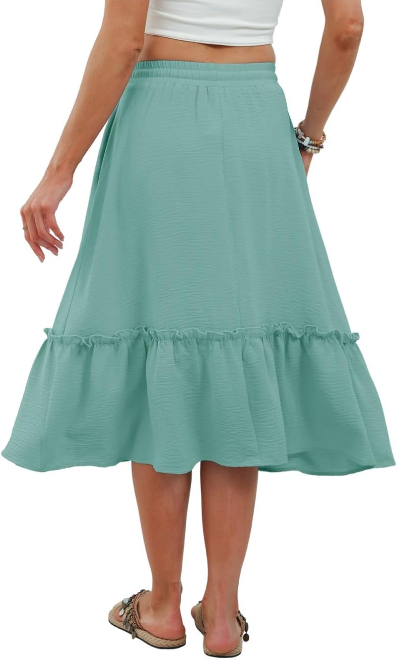 Solène Jupe Midi Fluide – Jupe Taille Élastique avec Poches pour un Style Élégant