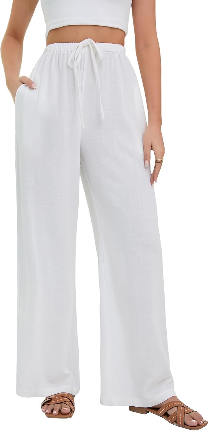 Rochelle Pantalon Palazzo en Lin – Pantalon Taille Haute Léger avec Poches