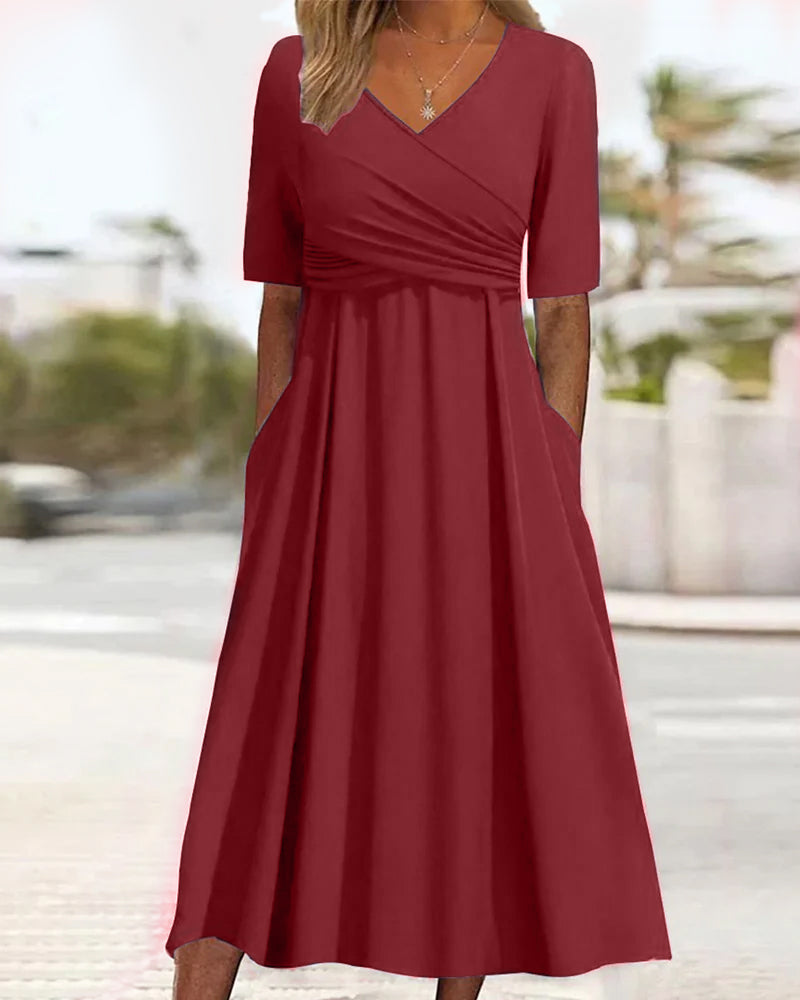 Marley Robe Midi Femme – Robe Trapèze en Coton avec Col en V, Plis et Poches pour Toutes les Occasions