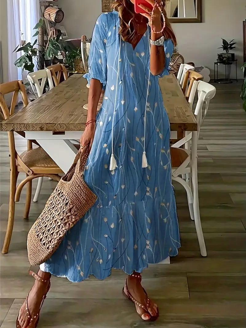 Madison Robe Bohème Femme – Robe Maxi à Col V, Motif Ikat & Coupe Fluide