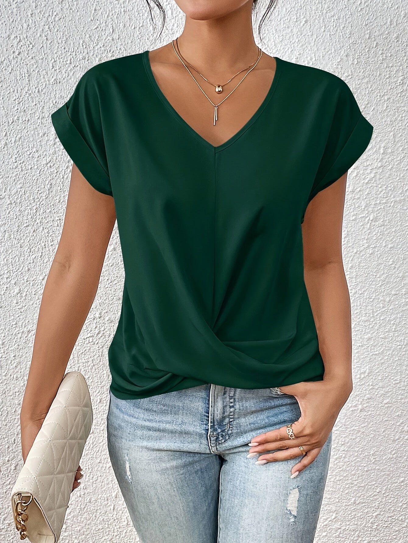 Élise Top Femme – Col en V Drapé, Manches Courtes & Coupe Confortable