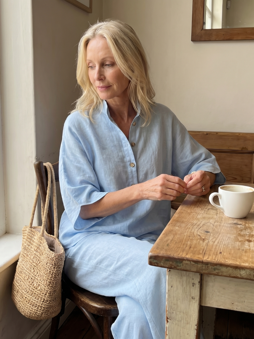 Arianne Ensemble Tunique et Pantalon – Ensemble Décontracté en Coton et Lin à Boutons