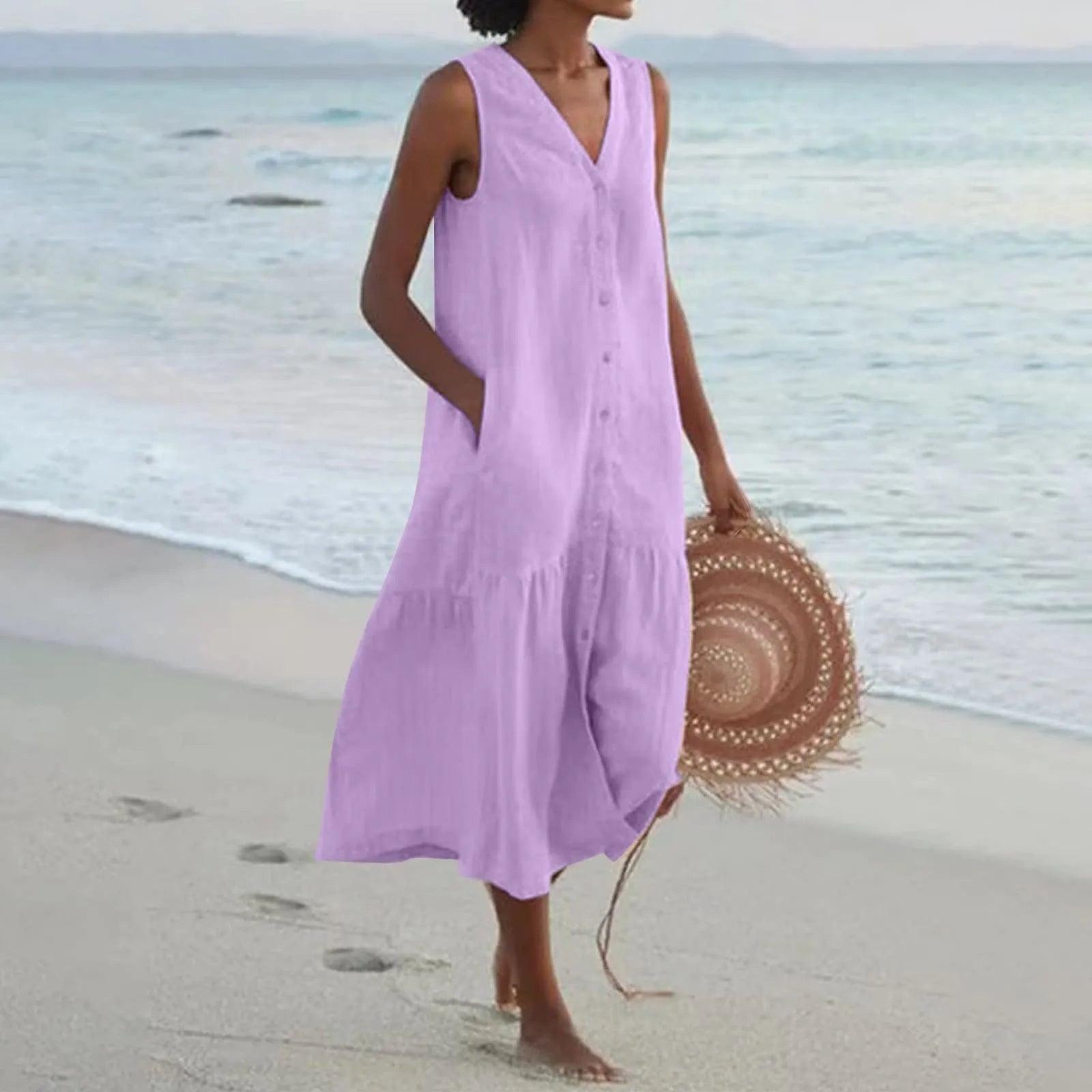 Ainsley Robe Longue Femme – Robe Sans Manches à Col V avec Coupe Fluide et Style Estival