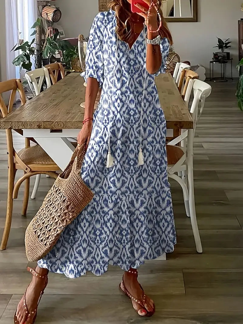 Madison Robe Bohème Femme – Robe Maxi à Col V, Motif Ikat & Coupe Fluide