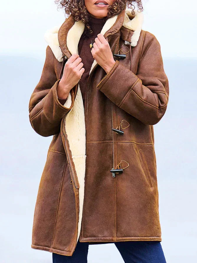 Anneliese Manteau Femme à Capuche – Manteau Doublé Effet Mouton avec Fermeture à Brandebourgs