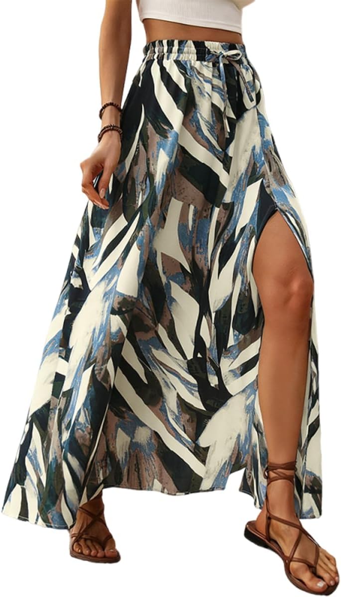 Delphine Jupe Maxi – Jupe Longue Imprimée Taille Haute avec Fente Élégante