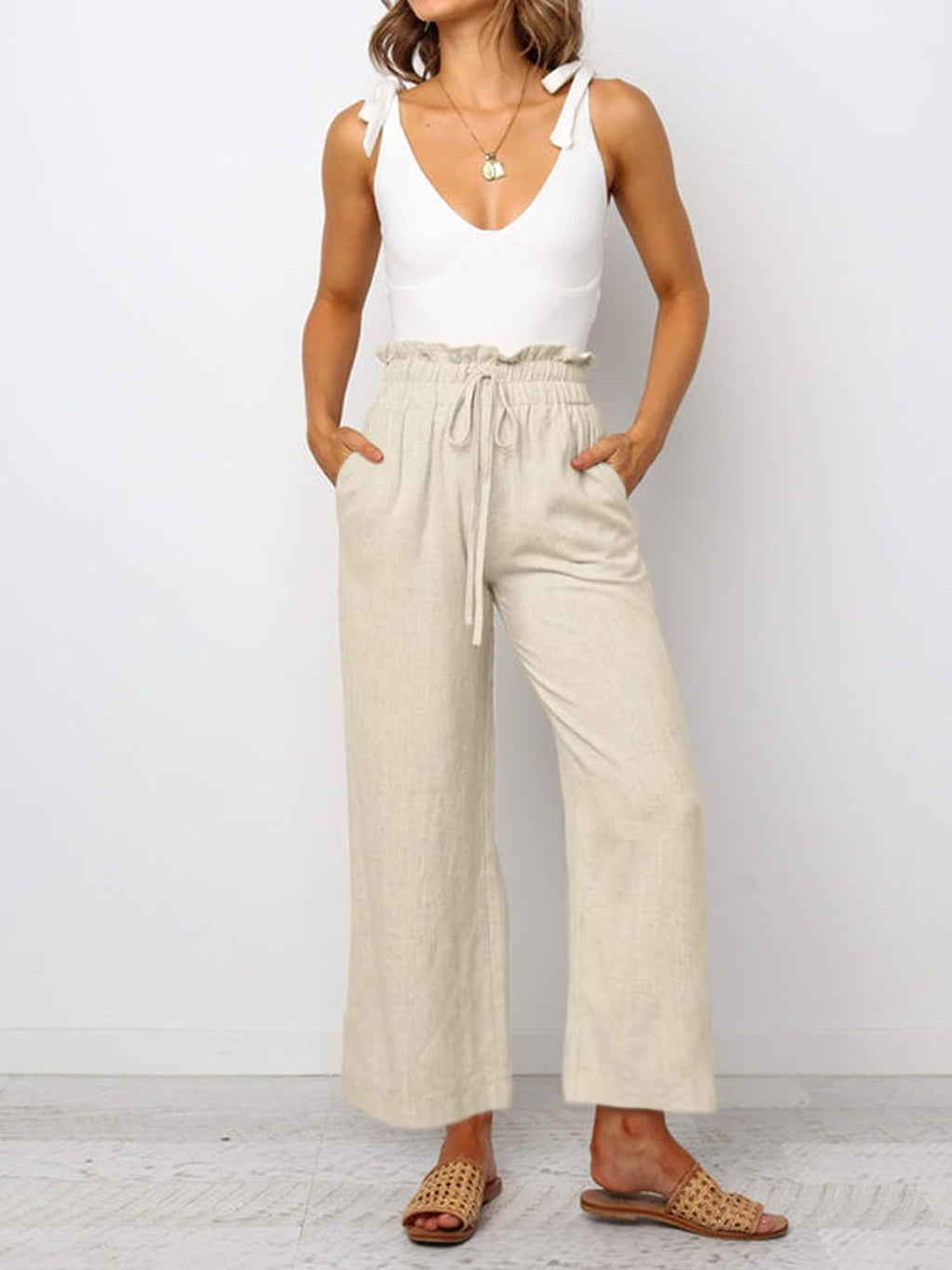 Bianca Pantalon Palazzo en Lin – Pantalon Taille Haute Léger avec Cordon de Serrage