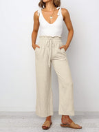 Bianca Pantalon Palazzo en Lin – Pantalon Taille Haute Léger avec Cordon de Serrage