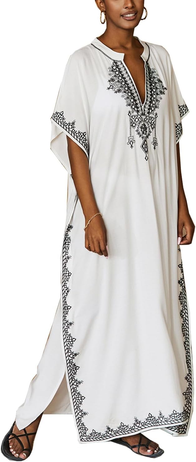 Valerie Caftan Femme – Robe Longue Bohème à Col V pour la Plage