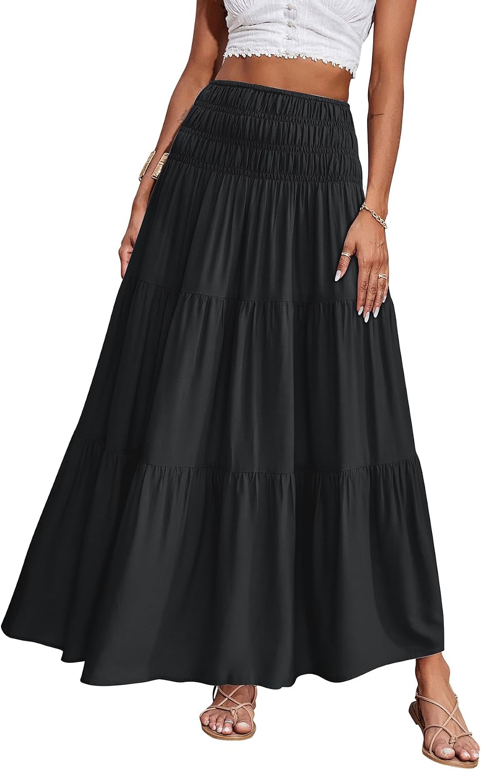 Maëlys Jupe Longue Bohème Fleurie – Jupe Maxi Évasée Taille Haute à Taille Élastique