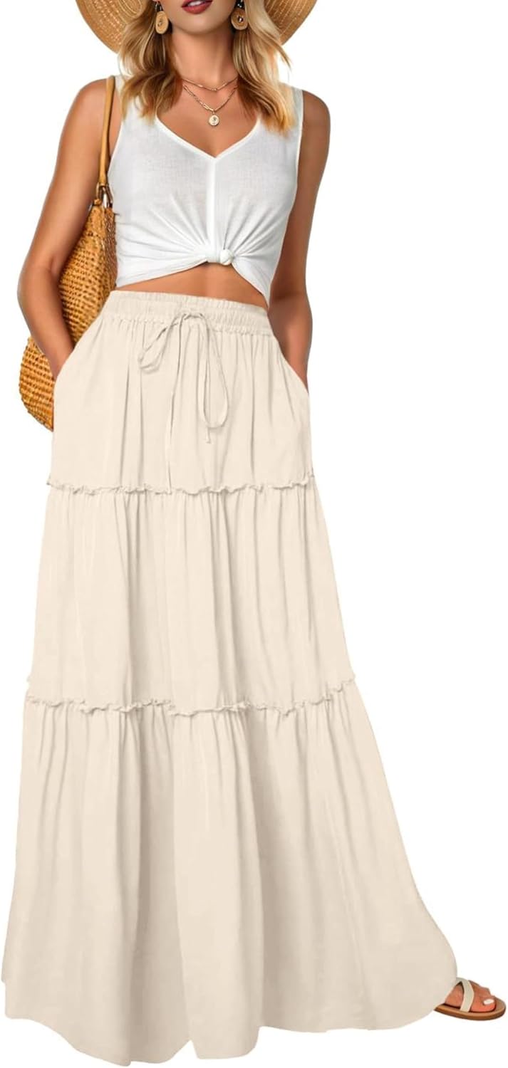 Léonie Jupe Longue Fleurie Bohème – Jupe Maxi Taille Haute Fluide avec Poches