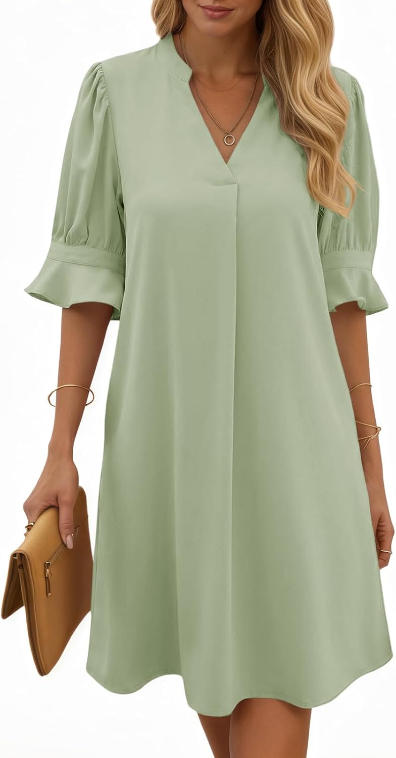 Joséphine Robe Femme – Robe Chemise à Col V avec Manches Volantées