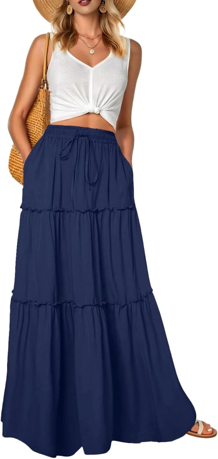 Léonie Jupe Longue Fleurie Bohème – Jupe Maxi Taille Haute Fluide avec Poches