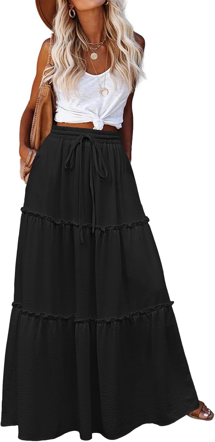 Maëlle Jupe Maxi – Jupe Longue Bohème Taille Haute à Volants avec Poches