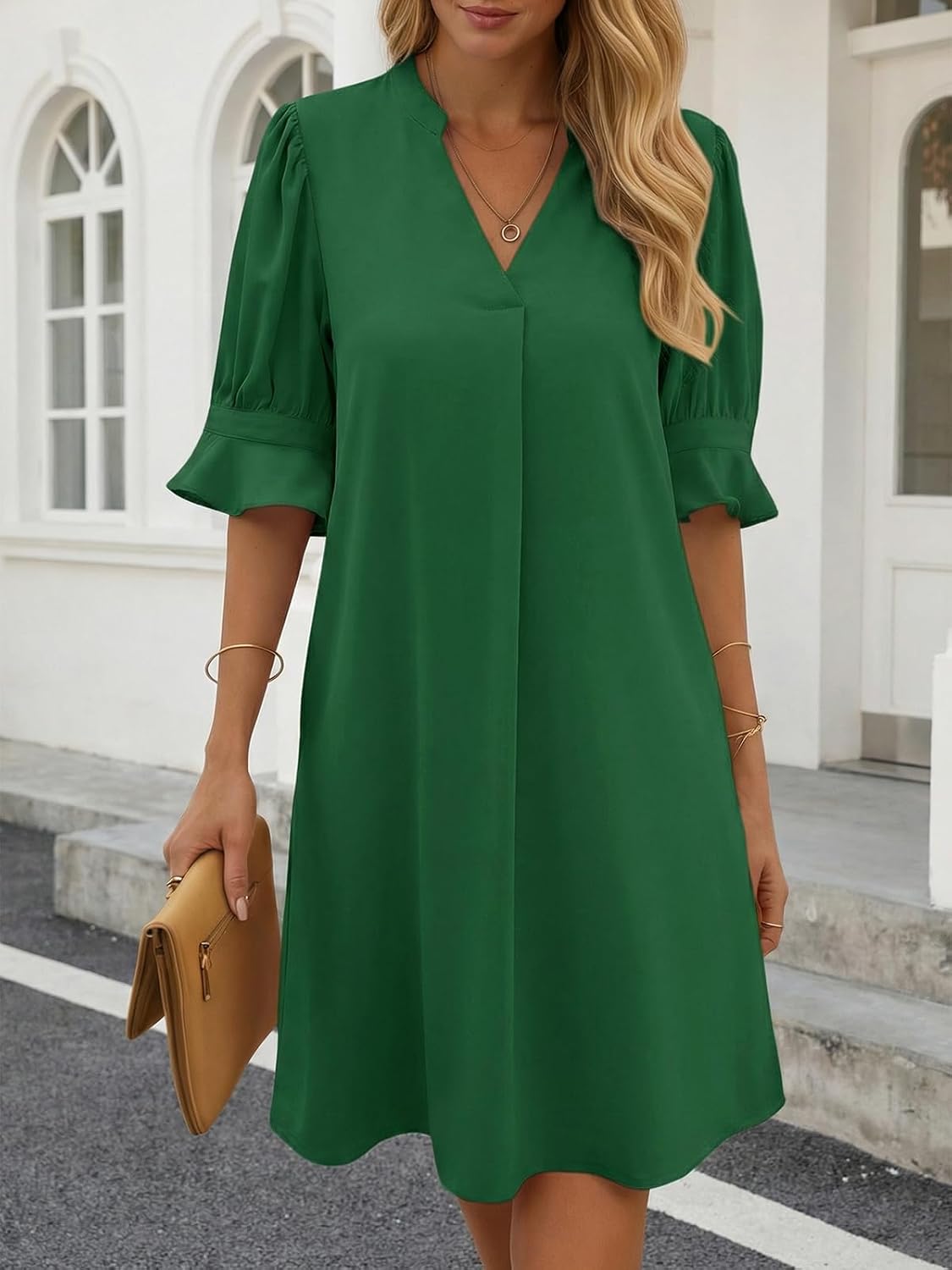 Joséphine Robe Femme – Robe Chemise à Col V avec Manches Volantées