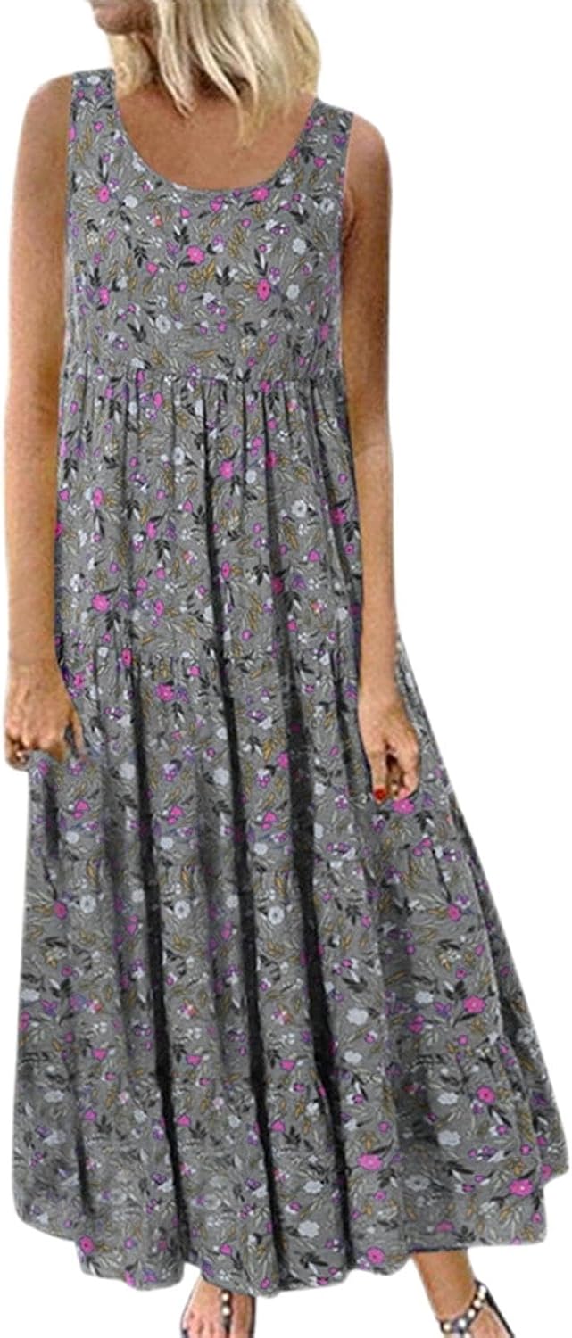 Alessandra Robe Femme Grande Taille – Robe Longue Fleurie Sans Manches à Col Rond Coupe Évasée