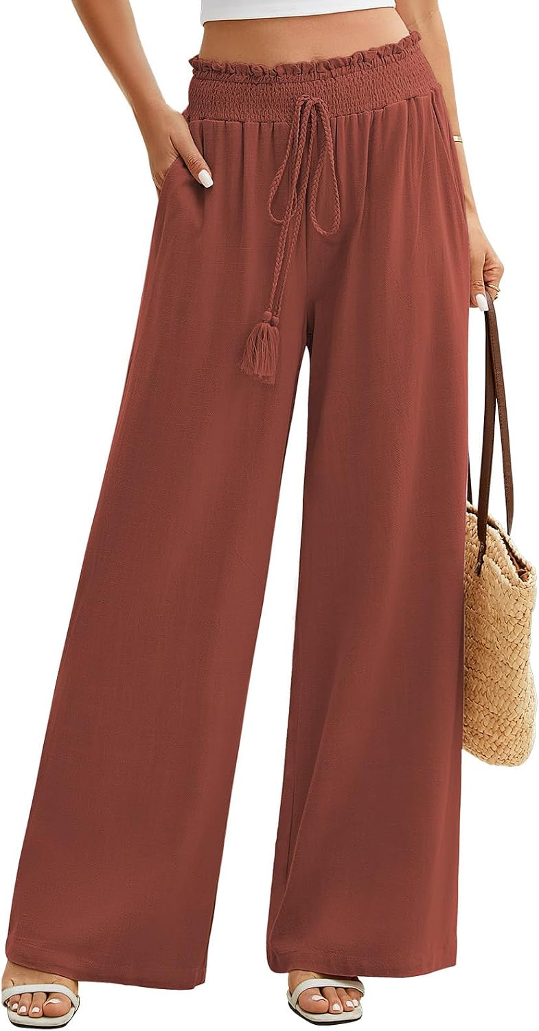 Denise Pantalon Palazzo Femme – Coton et Lin à Taille Élastique avec Poches