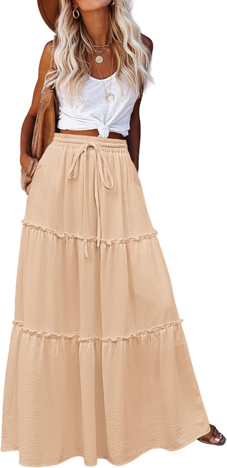 Maëlle Jupe Maxi – Jupe Longue Bohème Taille Haute à Volants avec Poches