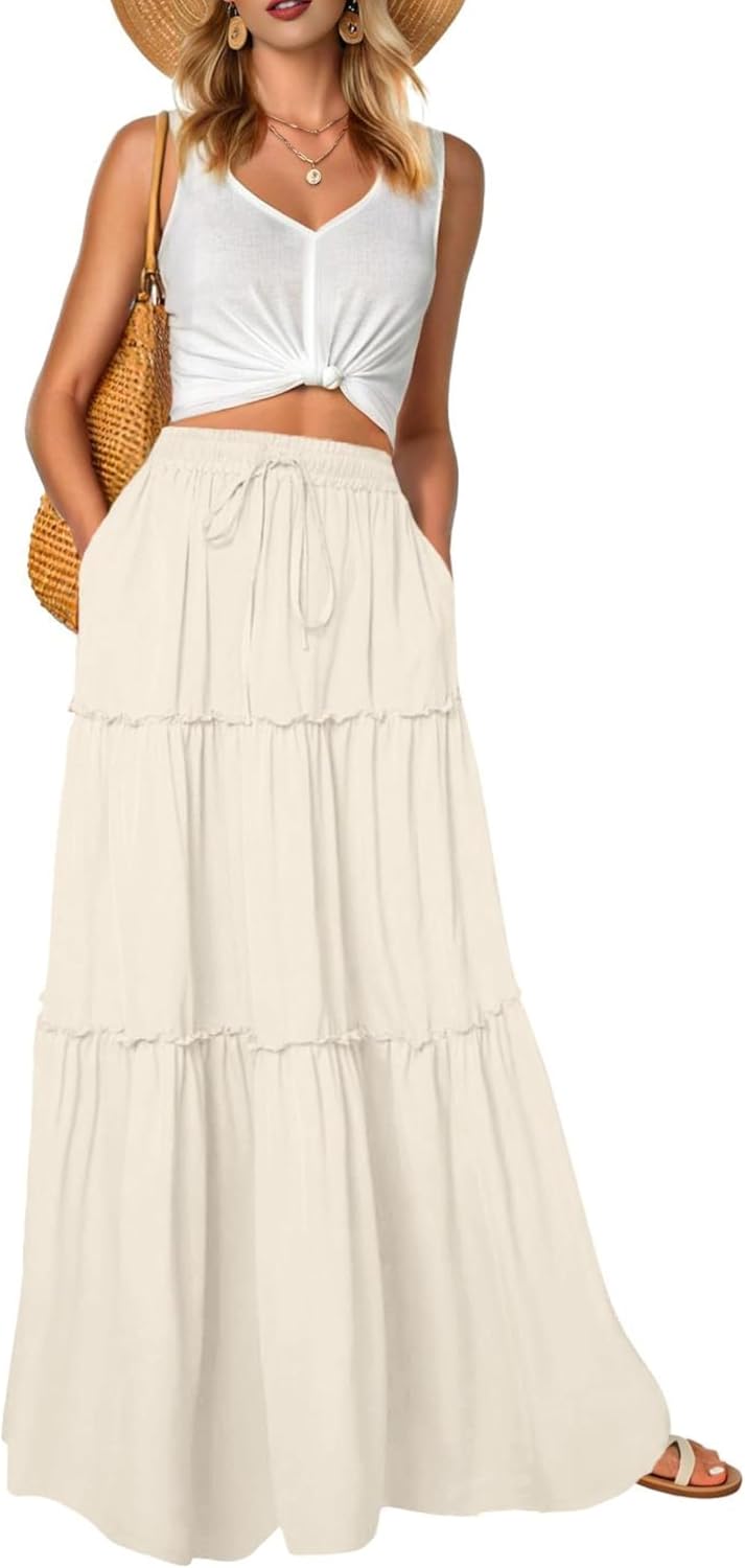 Léonie Jupe Longue Fleurie Bohème – Jupe Maxi Taille Haute Fluide avec Poches