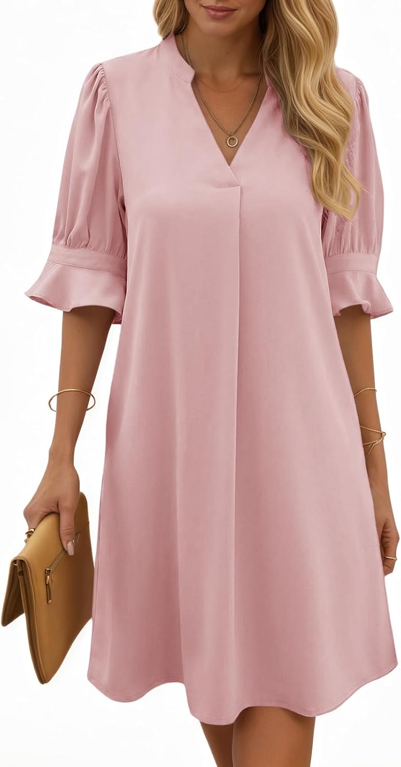 Joséphine Robe Femme – Robe Chemise à Col V avec Manches Volantées