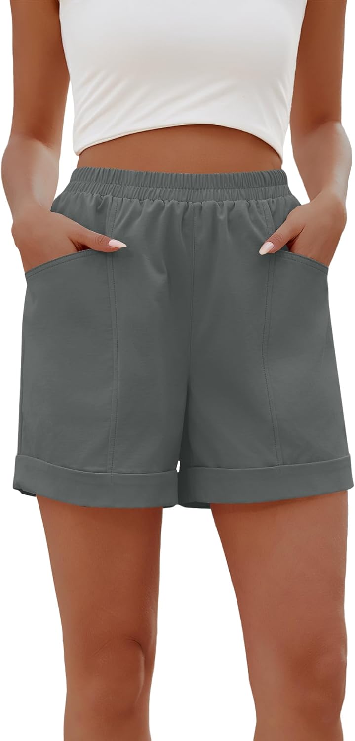 Elisa Short Femme – Short Taille Haute en Coton avec Taille Élastiquée et Poches