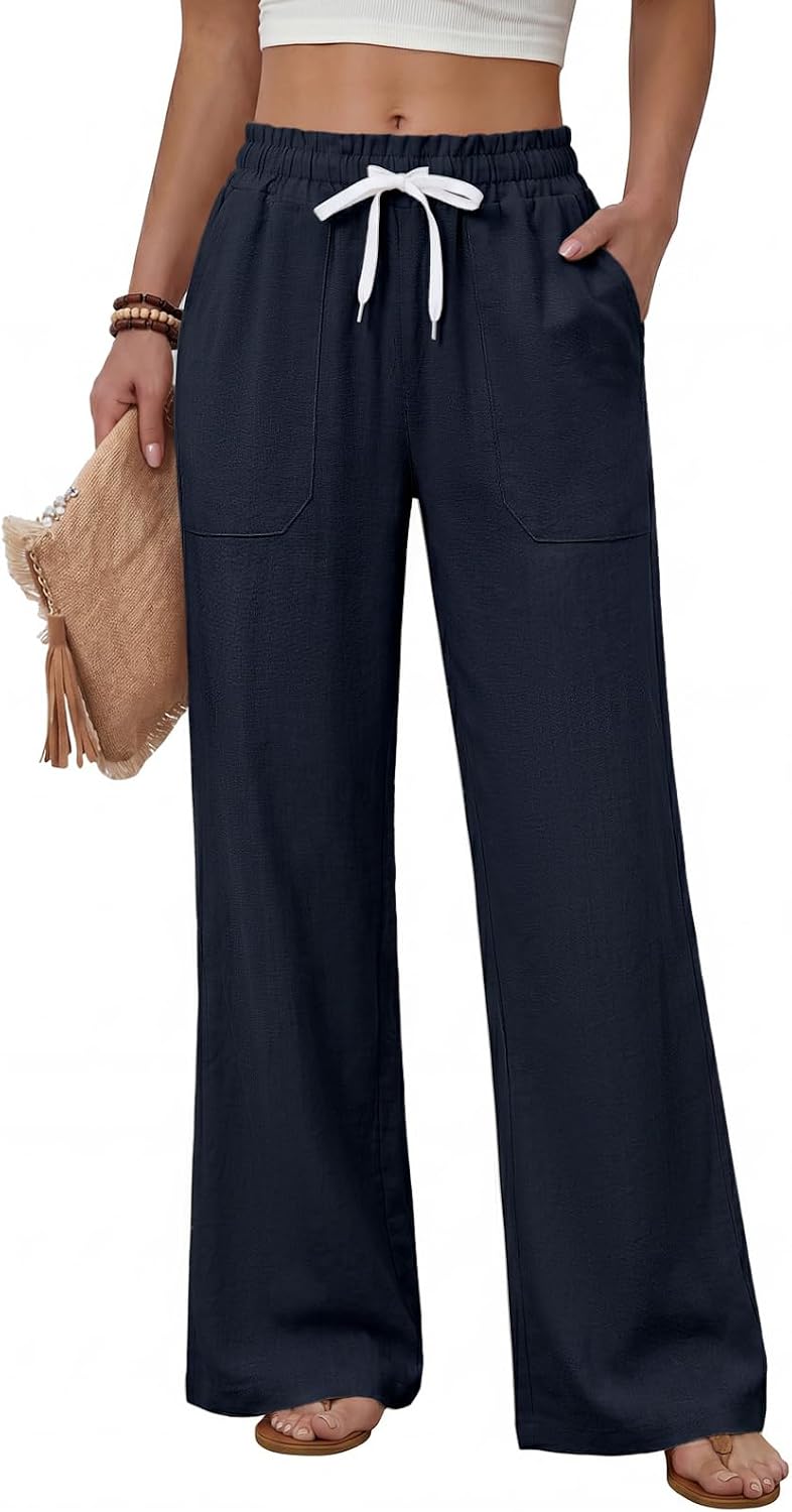 Sofia Pantalon Femme – Pantalon Droit Léger avec Taille Élastiquée, Cordon de Serrage et Poches