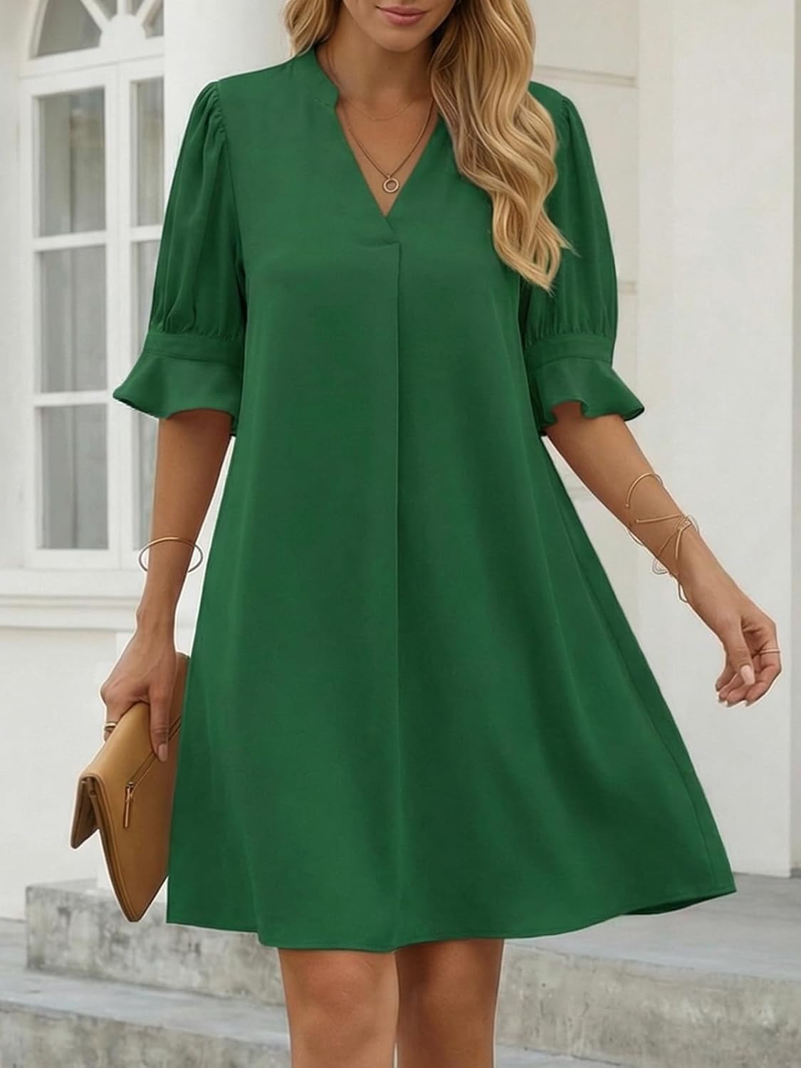 Joséphine Robe Femme – Robe Chemise à Col V avec Manches Volantées