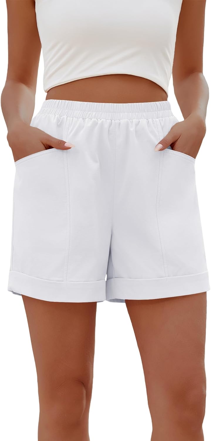 Elisa Short Femme – Short Taille Haute en Coton avec Taille Élastiquée et Poches