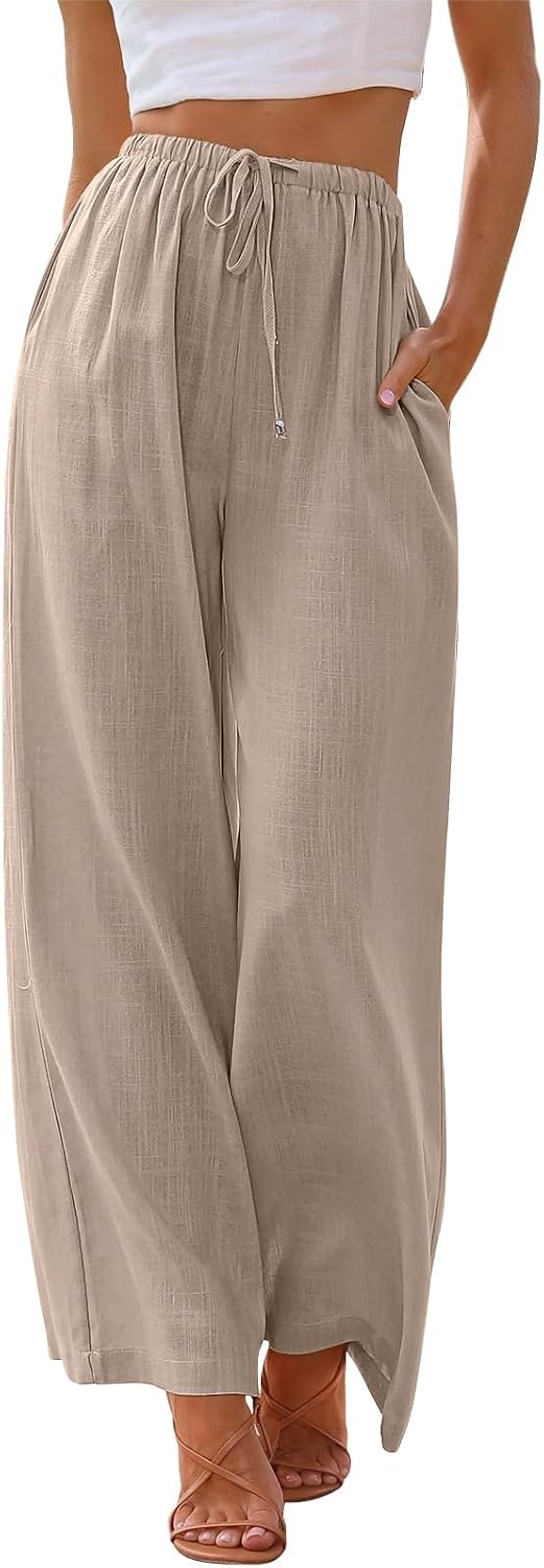 Valentina Pantalon Femme – Pantalon Large en Mélange de Lin avec Taille Élastiquée et Cordon de Serrage