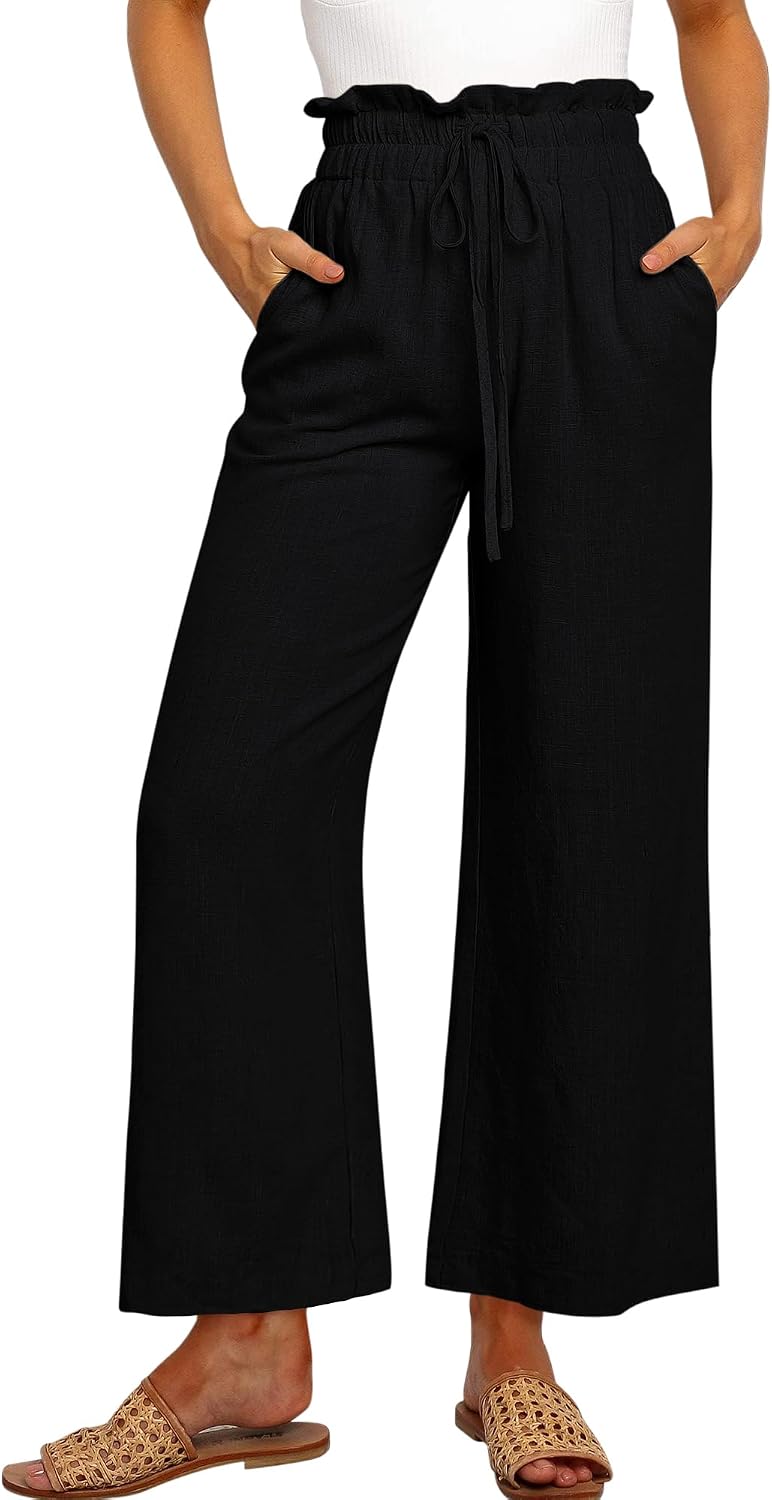 Bianca Pantalon Palazzo en Lin – Pantalon Taille Haute Léger avec Cordon de Serrage