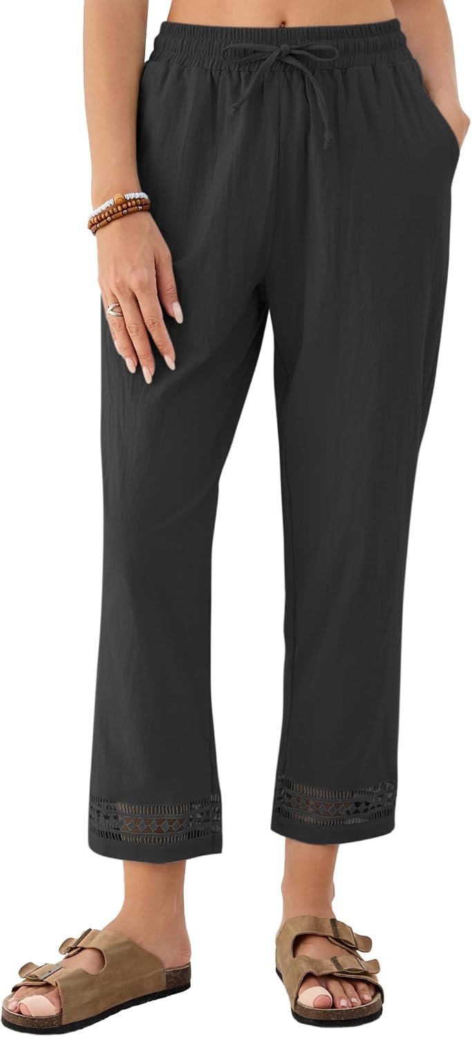 Samantha Pantalon Femme – Pantalon Court Ample avec Taille Élastiquée, Cordon de Serrage et Finition en Dentelle