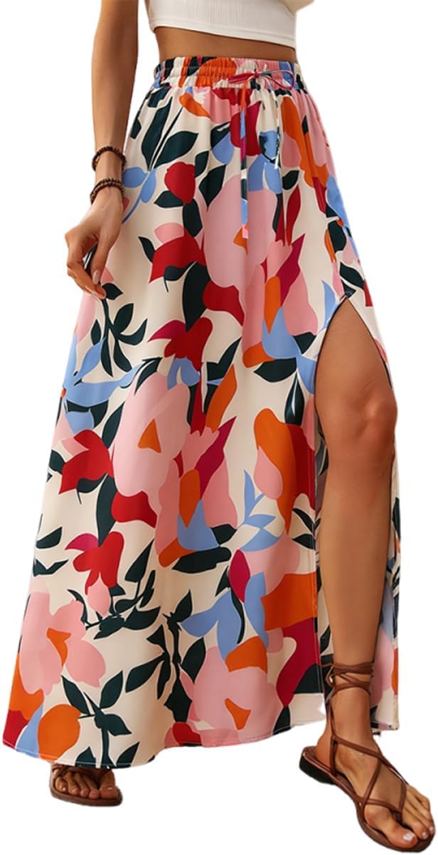 Delphine Jupe Maxi – Jupe Longue Imprimée Taille Haute avec Fente Élégante
