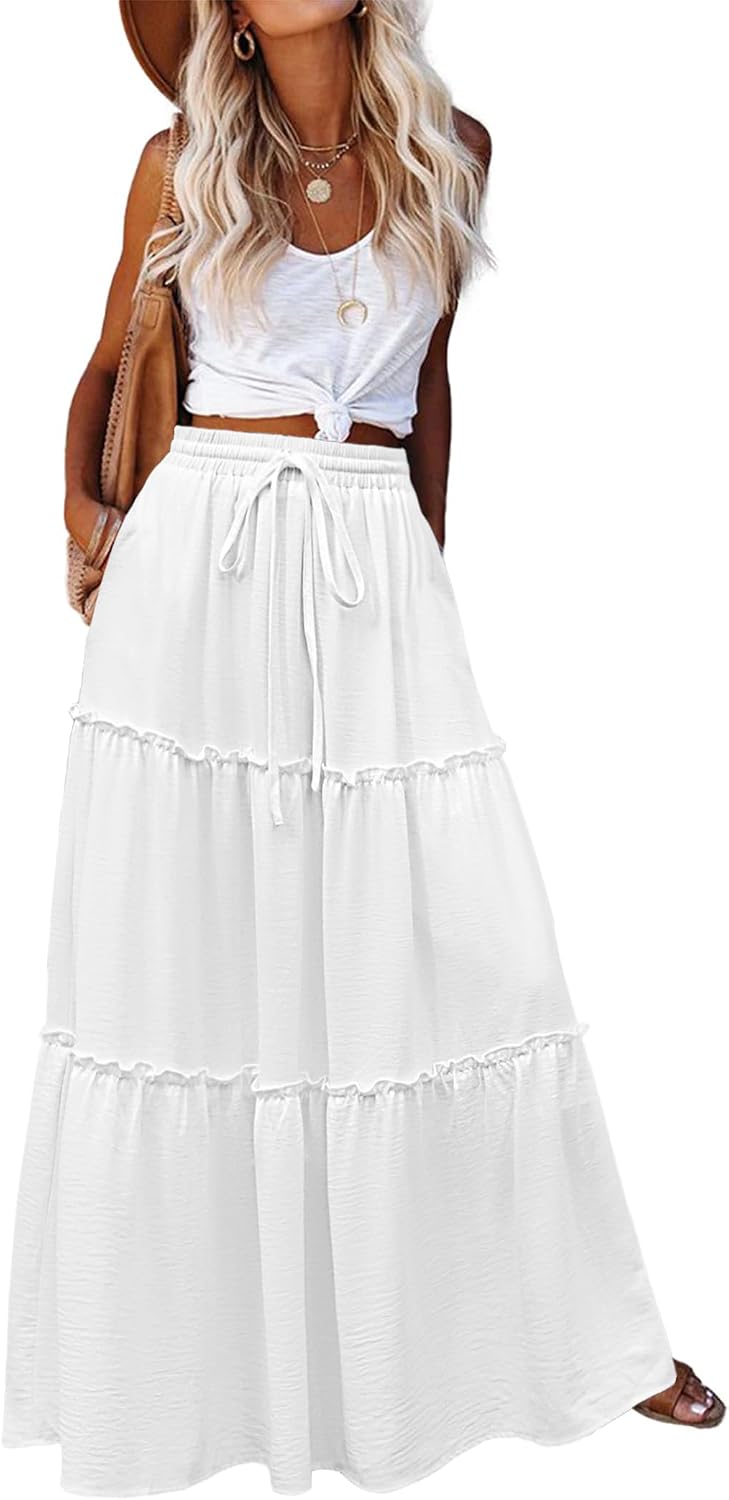 Maëlle Jupe Maxi – Jupe Longue Bohème Taille Haute à Volants avec Poches
