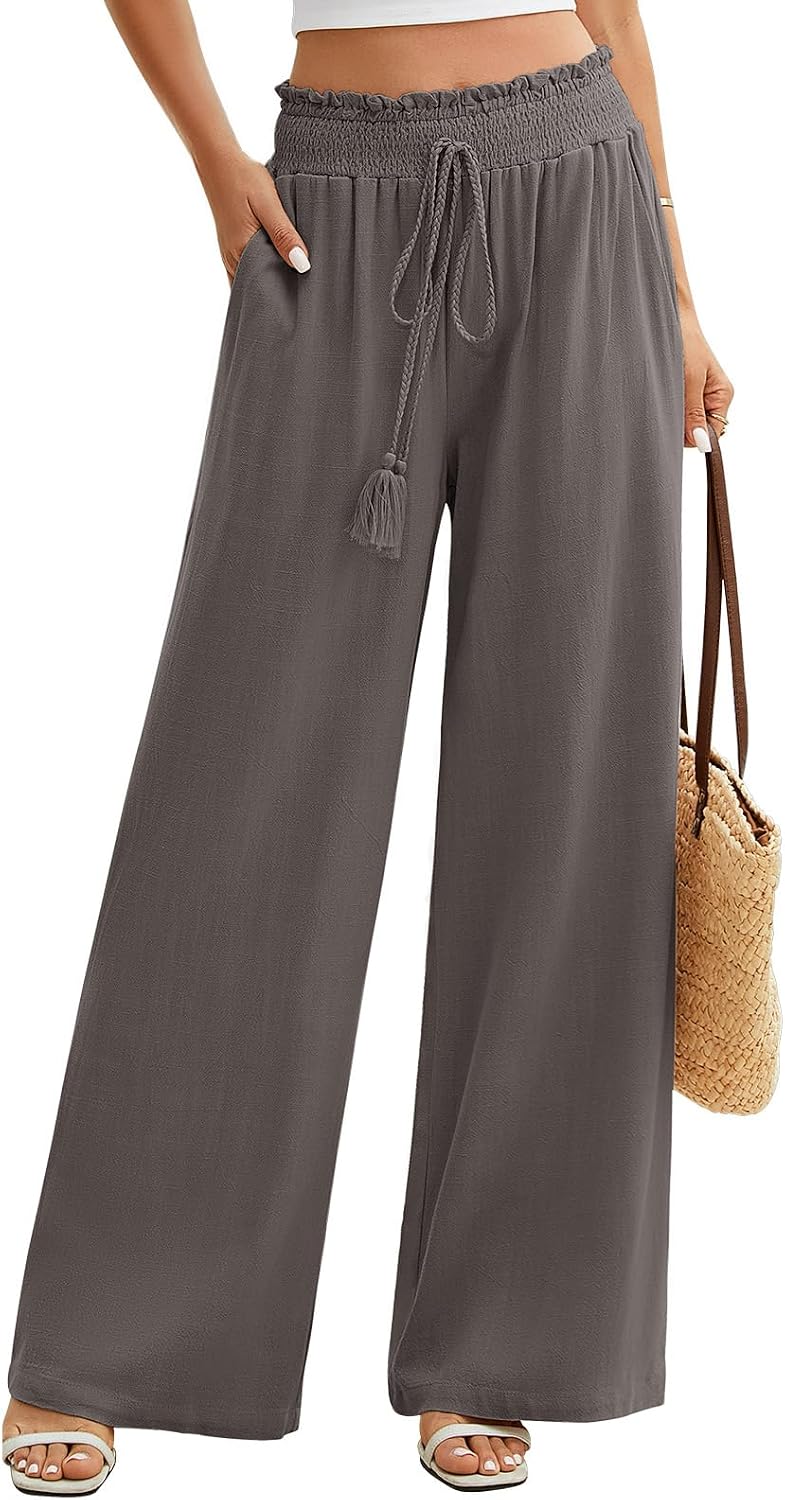 Denise Pantalon Palazzo Femme – Coton et Lin à Taille Élastique avec Poches