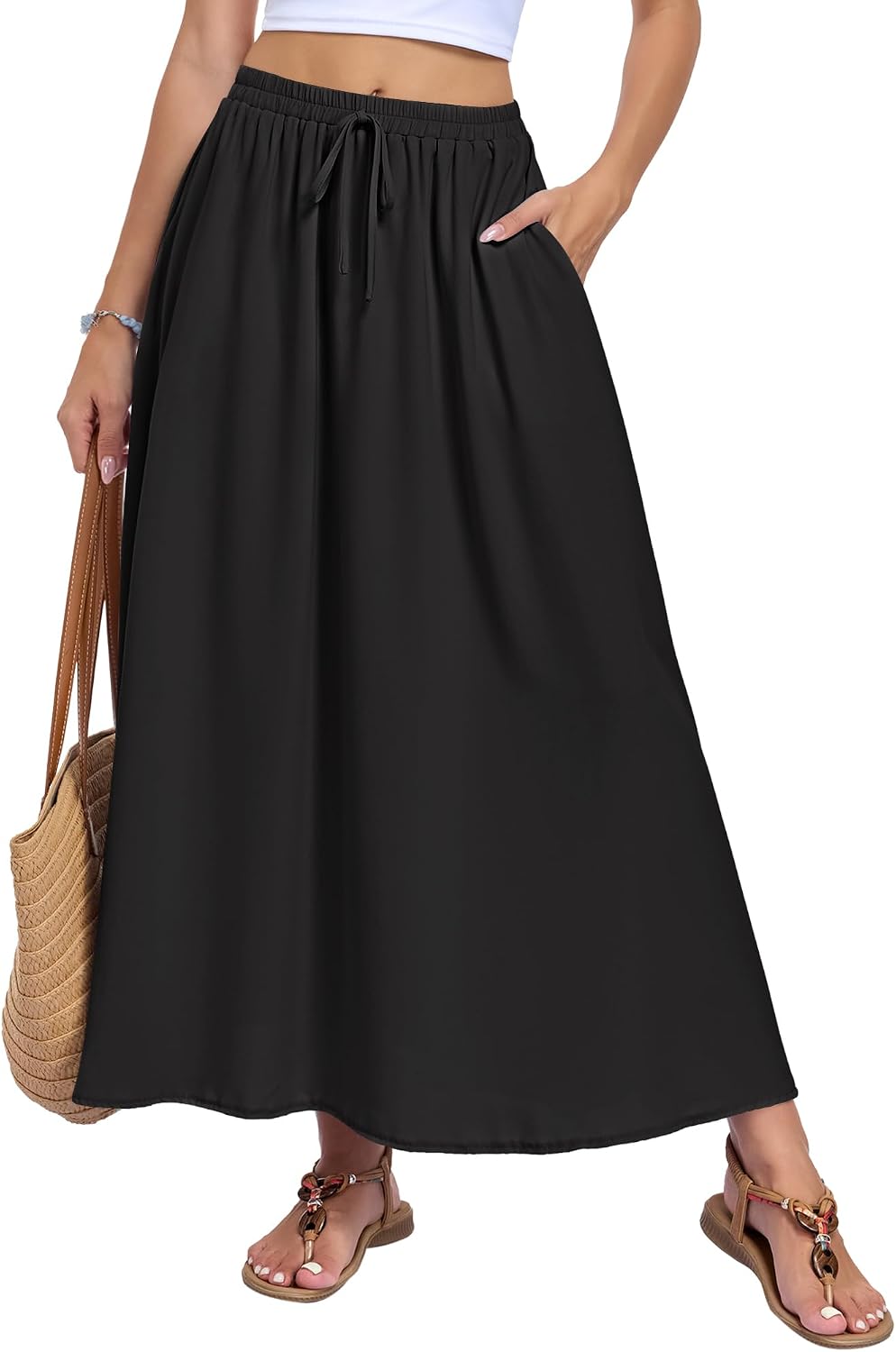 Solenne Jupe Longue – Jupe Maxi Taille Haute Fluide avec Poches Style Bohème d'Été