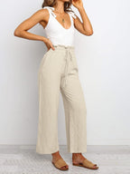 Bianca Pantalon Palazzo en Lin – Pantalon Taille Haute Léger avec Cordon de Serrage