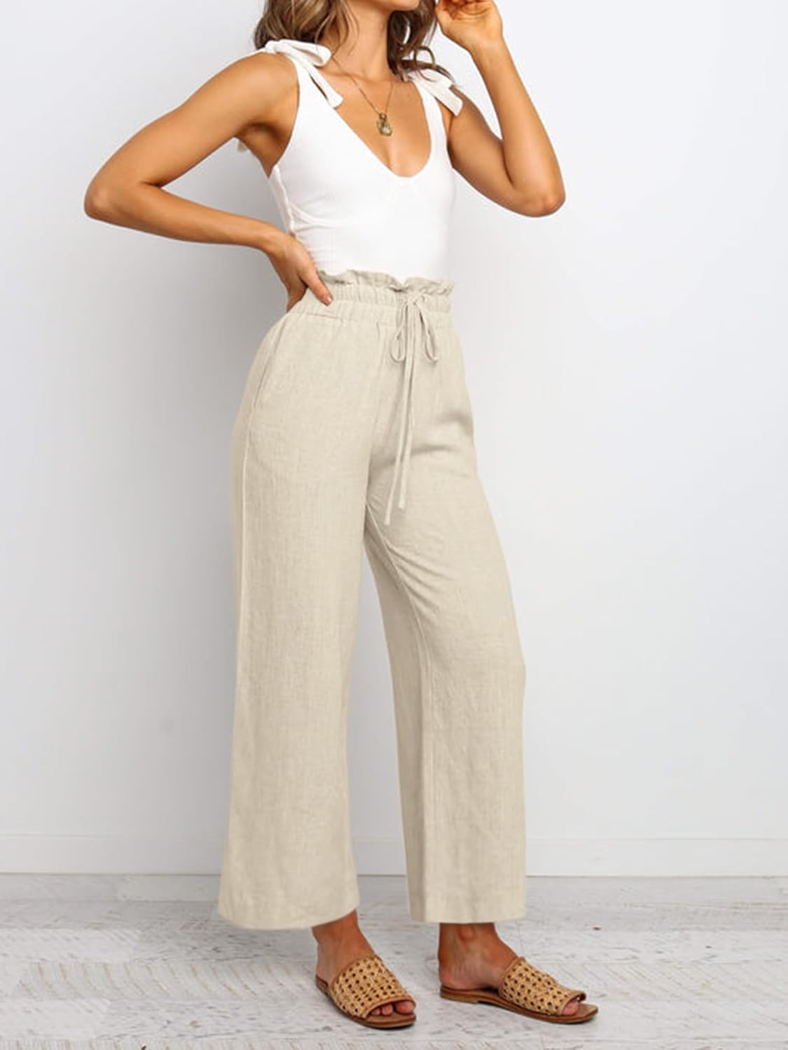 Bianca Pantalon Palazzo en Lin – Pantalon Taille Haute Léger avec Cordon de Serrage