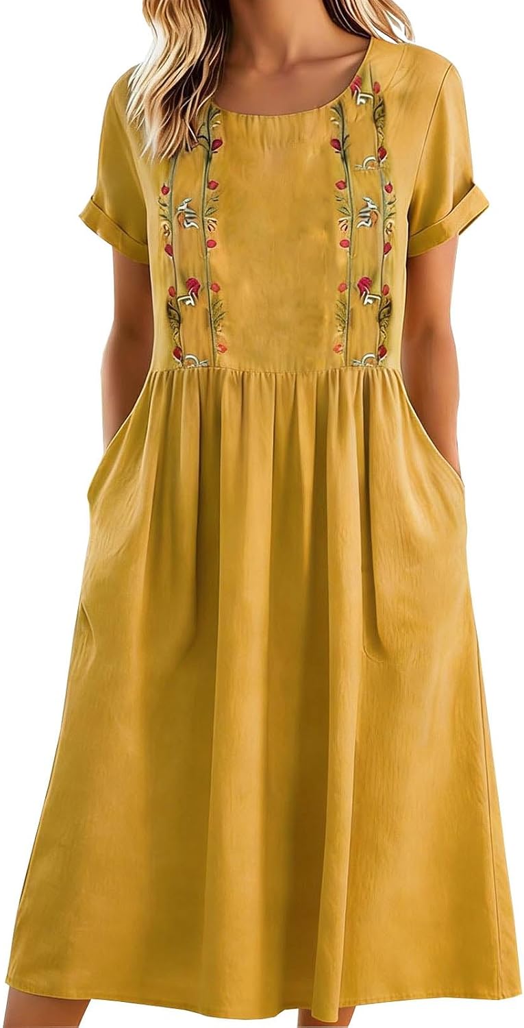 Matilde Robe Femme – Robe Midi en Coton et Lin avec Broderies Florales, Plis et Poches