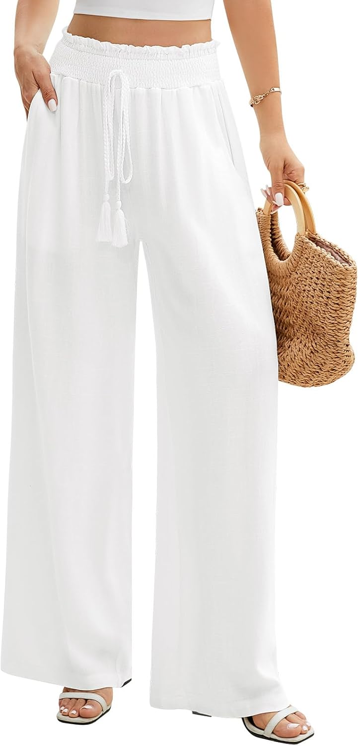 Denise Pantalon Palazzo Femme – Coton et Lin à Taille Élastique avec Poches