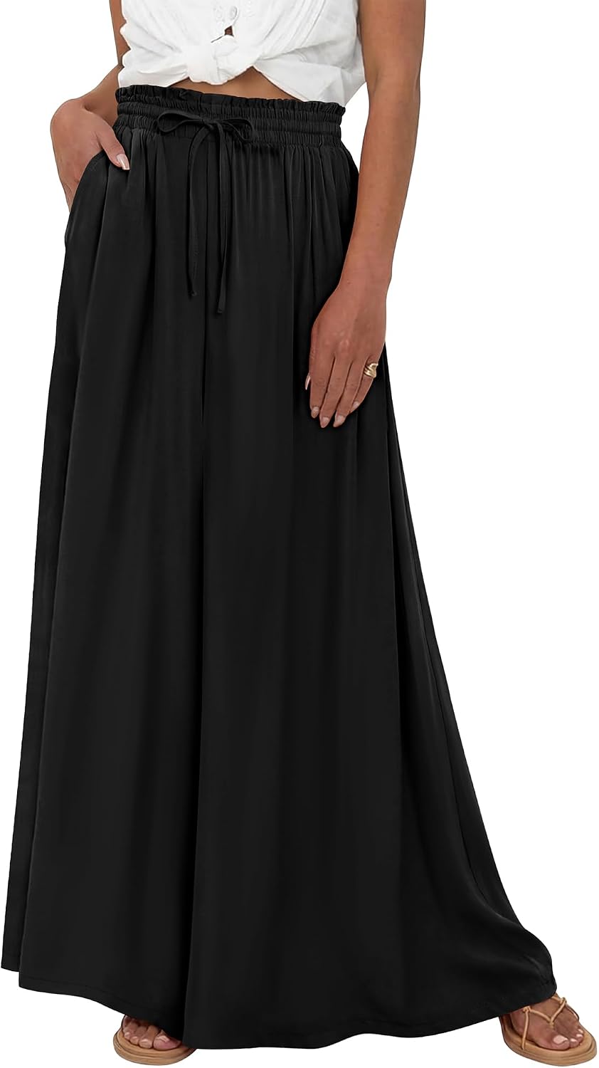 Bianca Pantalon Palazzo Femme – Taille Haute Ajustable en Coton avec Jambes Amples