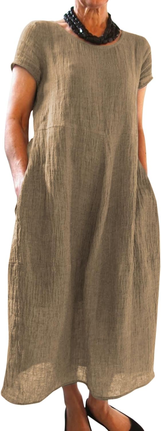 Aurore Robe Longue – Robe Bohème d'Été à Col Rond avec Poches