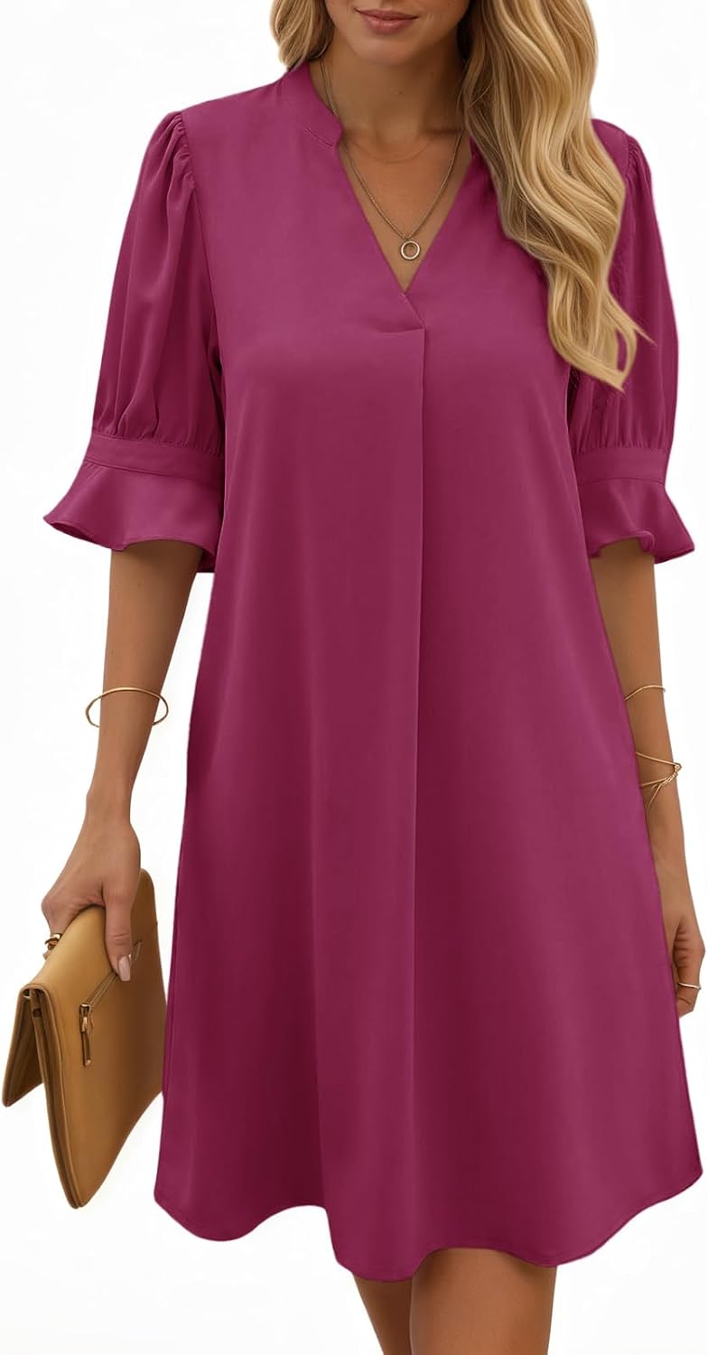 Joséphine Robe Femme – Robe Chemise à Col V avec Manches Volantées